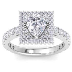 2 Carat Pear Shape Lab Grown Diamond Square Halo Engagement Ring In 14K White Gold