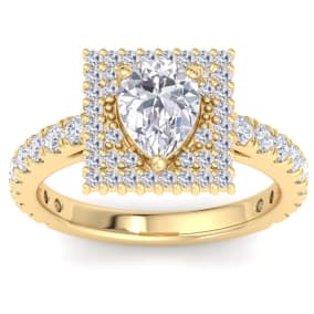 2 Carat Pear Shape Lab Grown Diamond Square Halo Engagement Ring In 14K Yellow Gold