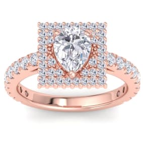 2 Carat Pear Shape Lab Grown Diamond Square Halo Engagement Ring In 14K Rose Gold