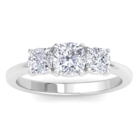 2 Carat Cushion Cut Lab Grown Diamond Three Stone Engagement Ring In 14K White Gold