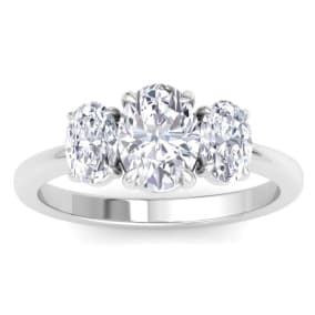 2 Carat Oval Shape Lab Grown Diamond Three Stone Engagement Ring In 14K White Gold