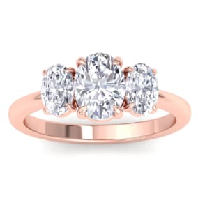 2 Carat Oval Shape Lab Grown Diamond Three Stone Engagement Ring In 14K Rose Gold