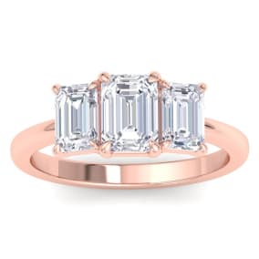 2 Carat Emerald Cut Lab Grown Diamond Three Stone Engagement Ring In 14K Rose Gold