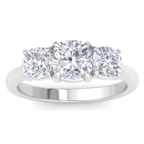 3 Carat Cushion Cut Lab Grown Diamond Three Stone Engagement Ring In 14K White Gold
