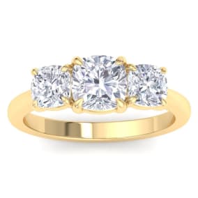 3 Carat Cushion Cut Lab Grown Diamond Three Stone Engagement Ring In 14K Yellow Gold