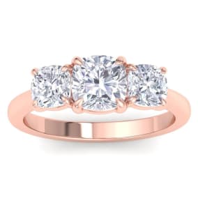 3 Carat Cushion Cut Lab Grown Diamond Three Stone Engagement Ring In 14K Rose Gold