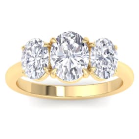 3 Carat Oval Shape Lab Grown Diamond Three Stone Engagement Ring In 14K Yellow Gold