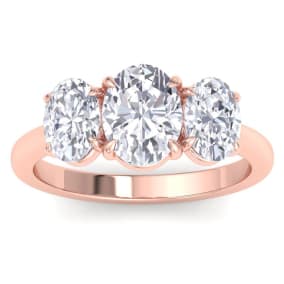 3 Carat Oval Shape Lab Grown Diamond Three Stone Engagement Ring In 14K Rose Gold