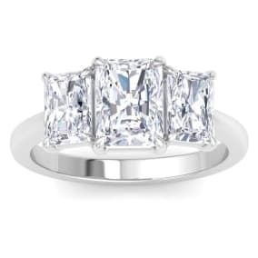 3 Carat Emerald Cut Lab Grown Diamond Three Stone Engagement Ring In 14K White Gold