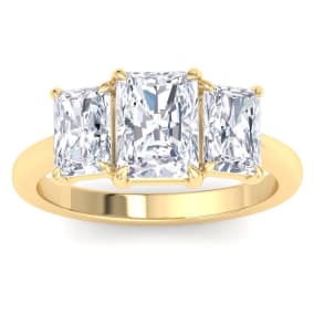 3 Carat Emerald Cut Lab Grown Diamond Three Stone Engagement Ring In 14K Yellow Gold