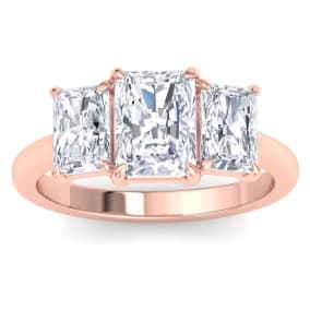 3 Carat Emerald Cut Lab Grown Diamond Three Stone Engagement Ring In 14K Rose Gold