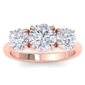 3 Carat Round Lab Grown Diamond Three Stone Engagement Ring In 14K Rose Gold