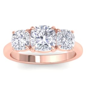 4 Carat Cushion Cut Lab Grown Diamond Three Stone Engagement Ring In 14K Rose Gold