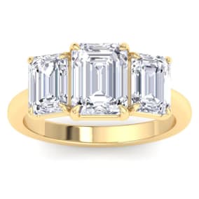 4 Carat Emerald Cut Lab Grown Diamond Three Stone Engagement Ring In 14K Yellow Gold