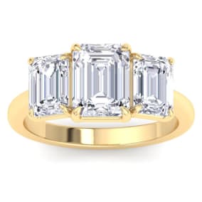 4 Carat Emerald Cut Lab Grown Diamond Three Stone Engagement Ring In 14K Yellow Gold