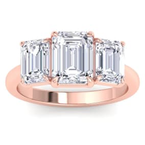 4 Carat Emerald Cut Lab Grown Diamond Three Stone Engagement Ring In 14K Rose Gold