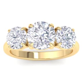 4 Carat Round Lab Grown Diamond Three Stone Engagement Ring In 14K Yellow Gold