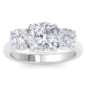 5 Carat Cushion Cut Lab Grown Diamond Three Stone Engagement Ring In 14K White Gold