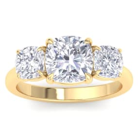 5 Carat Cushion Cut Lab Grown Diamond Three Stone Engagement Ring In 14K Yellow Gold
