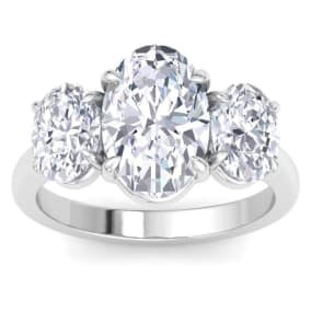5 Carat Oval Shape Lab Grown Diamond Three Stone Engagement Ring In 14K White Gold