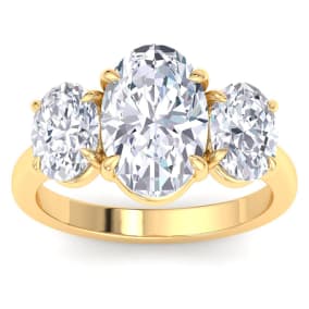 5 Carat Oval Shape Lab Grown Diamond Three Stone Engagement Ring In 14K Yellow Gold