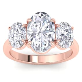 5 Carat Oval Shape Lab Grown Diamond Three Stone Engagement Ring In 14K Rose Gold
