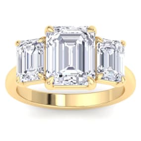 5 Carat Emerald Cut Lab Grown Diamond Three Stone Engagement Ring In 14K Yellow Gold