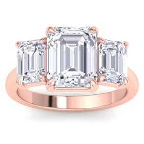 5 Carat Emerald Cut Lab Grown Diamond Three Stone Engagement Ring In 14K Rose Gold