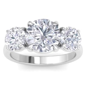 5 Carat Round Lab Grown Diamond Three Stone Engagement Ring In 14K White Gold