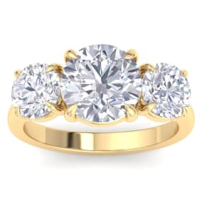5 Carat Round Lab Grown Diamond Three Stone Engagement Ring In 14K Yellow Gold