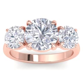 5 Carat Round Lab Grown Diamond Three Stone Engagement Ring In 14K Rose Gold
