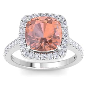 4 1/2 Carat Cushion Shape Morganite and Halo Diamond Ring In 14K White Gold