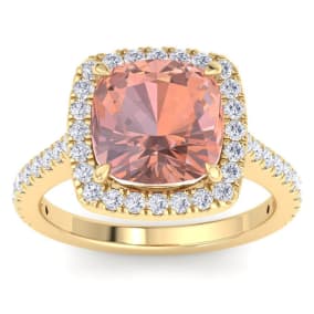 4 1/2 Carat Cushion Shape Morganite and Halo Diamond Ring In 14K Yellow Gold