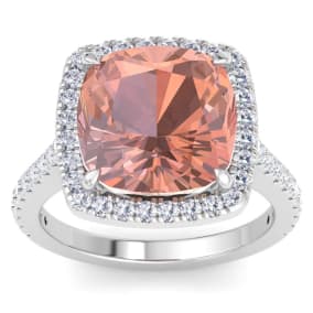 7 1/2 Carat Cushion Shape Morganite and Halo Diamond Ring In 14K White Gold