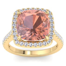 7 1/2 Carat Cushion Shape Morganite and Halo Diamond Ring In 14K Yellow Gold