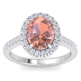 3 Carat Oval Shape Morganite and Halo Diamond Ring In 14K White Gold