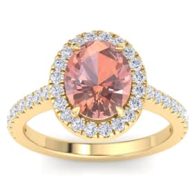 3 Carat Oval Shape Morganite and Halo Diamond Ring In 14K Yellow Gold