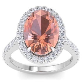 5 3/4 Carat Oval Shape Morganite and Halo Diamond Ring In 14K White Gold