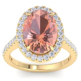 5 3/4 Carat Oval Shape Morganite and Halo Diamond Ring In 14K Yellow Gold