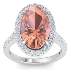 8 1/2 Carat Oval Shape Morganite and Halo Diamond Ring In 14K White Gold