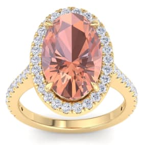 8 1/2 Carat Oval Shape Morganite and Halo Diamond Ring In 14K Yellow Gold