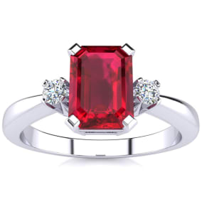 2 1/2 Carat Octagon Shape Created Ruby and Diamond Ring In Sterling Silver