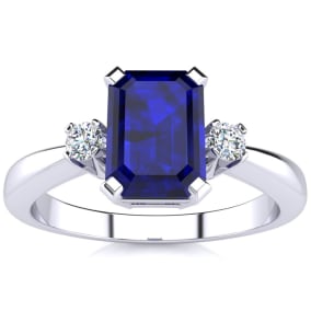 Sapphire Ring: 2 1/2 Carat Octagon Shape Created Sapphire and Diamond Ring In Sterling Silver