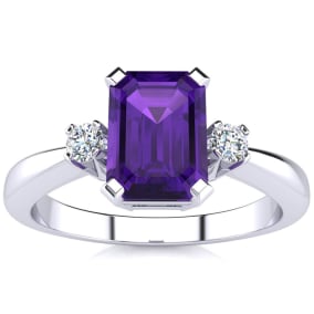 2 1/2 Carat Octagon Shape Amethyst and Diamond Ring In Sterling Silver