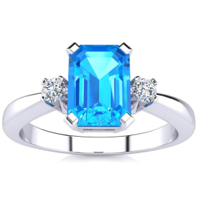 Blue Topaz Ring: 2 1/2 Carat Octagon Shape Blue Topaz and Diamond Ring In Sterling Silver