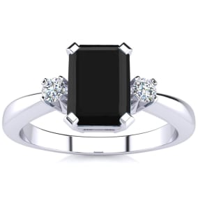 2 1/2 Carat Octagon Shape Black Onyx and Diamond Ring In Sterling Silver