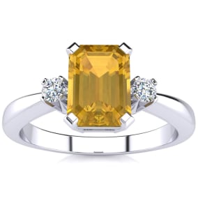 Citrine Ring: 2 1/2 Carat Octagon Shape Citrine and Diamond Ring In Sterling Silver