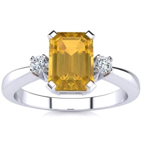 2 1/2 Carat Octagon Shape Citrine and Diamond Ring In Sterling Silver