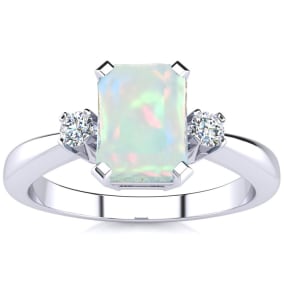 Opal Ring: 2 1/2 Carat Octagon Shape Created Opal and Diamond Ring In Sterling Silver