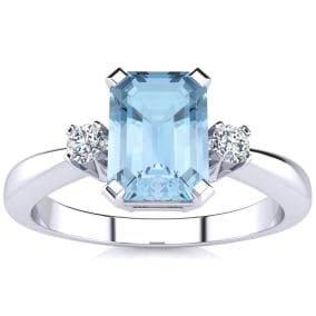 Aquamarine Ring: 2 1/2 Carat Octagon Shape Aquamarine and Diamond Ring In Sterling Silver